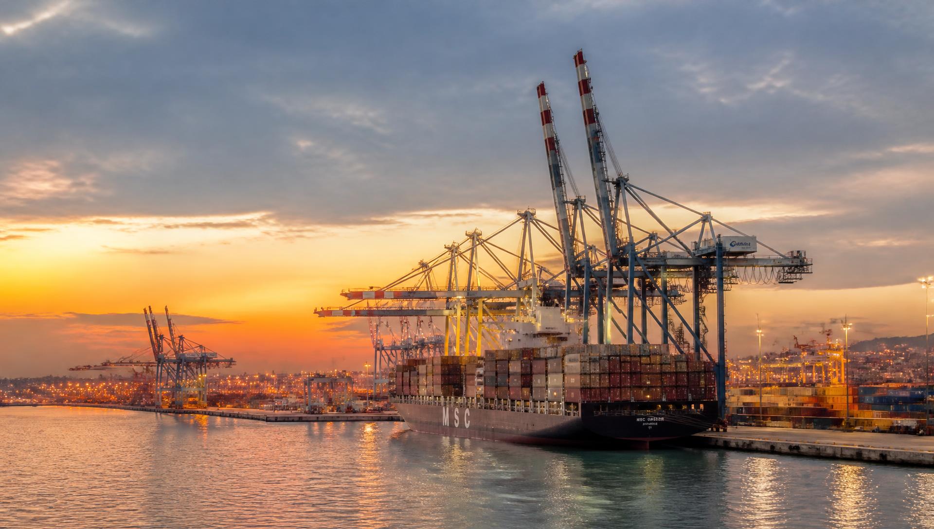 Porto container nel Sud Italia al crepuscolo